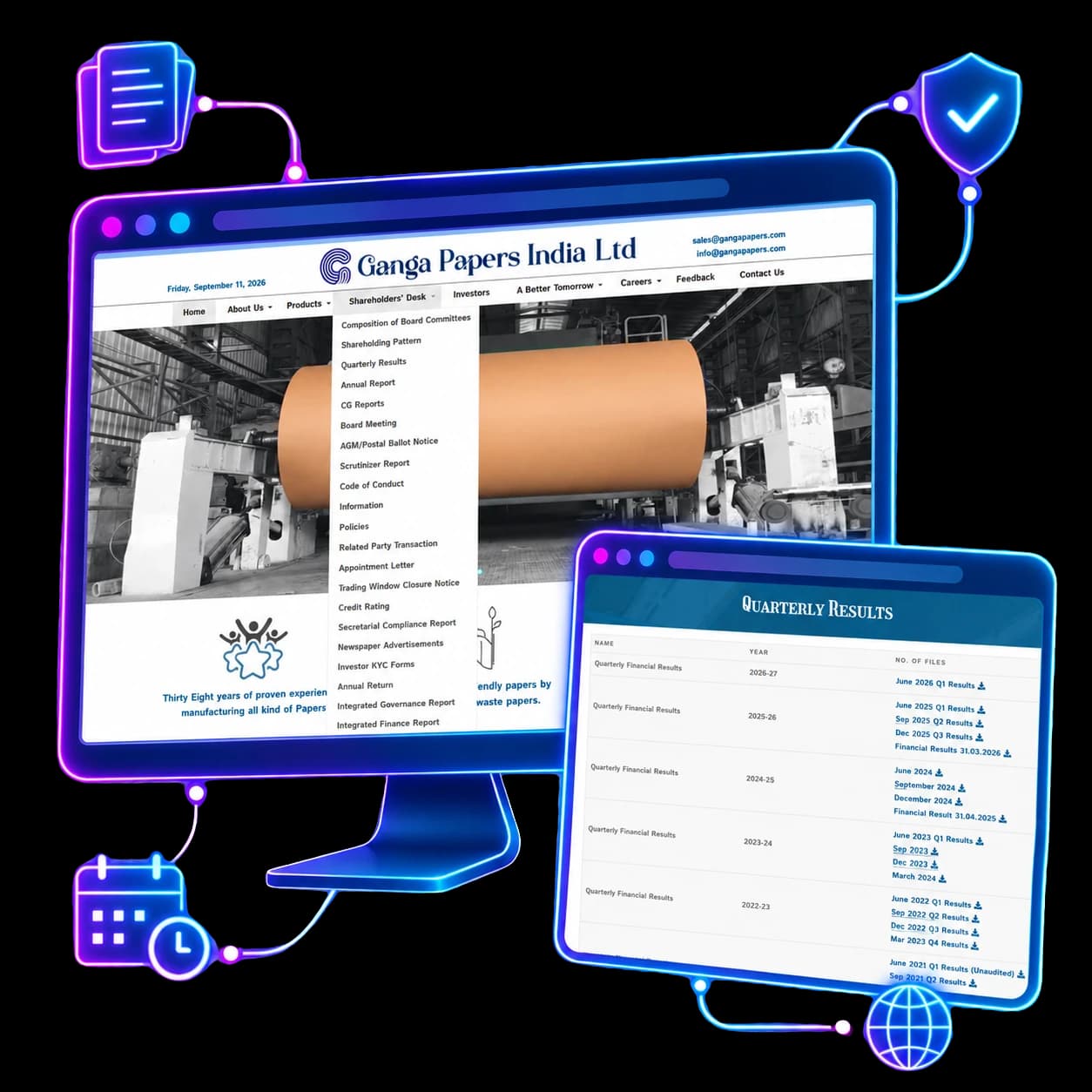 The Shareholders' Desk navigation and a live Quarterly Results filing page.