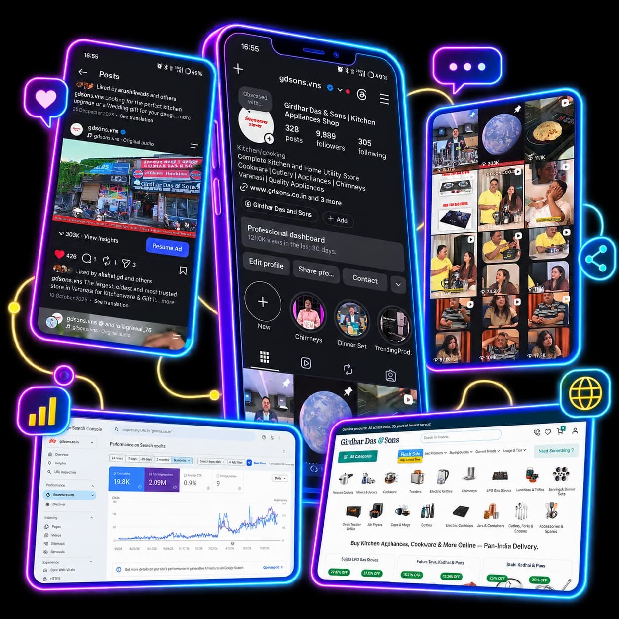 Instagram presence, the live product catalogue, and real Search Console performance (19.8K clicks, 2.09M impressions).
