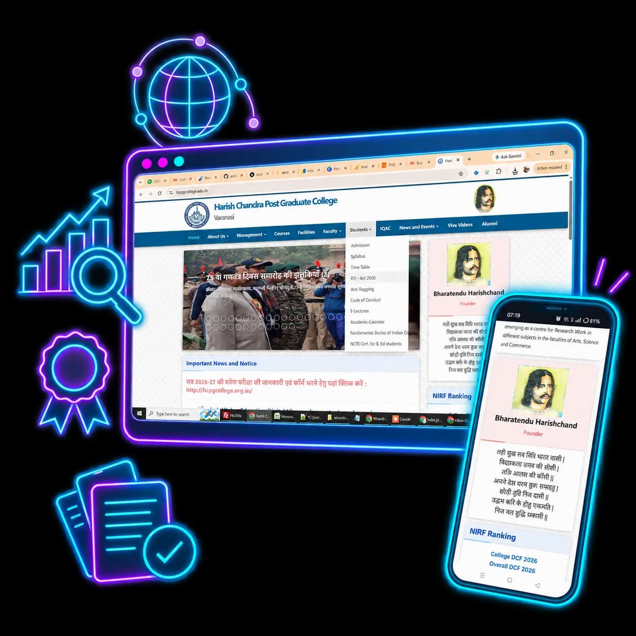 The live HCPG College website alongside its mobile view — the founder tribute and NIRF ranking sections reflowing cleanly into a single-column layout, backed by 796,604 clicks and 33.2M impressions from Google Search over 16 months.